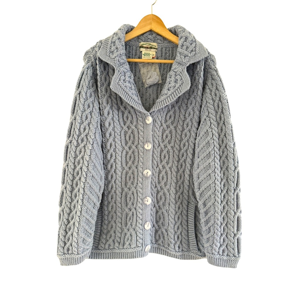 Aran Crafts Ireland 100% Merino Wool Cable Knit Cardigan Sweater Blue XL